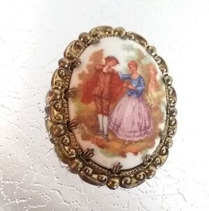 West Germany Victorian Courting Couple Sugar Frosted Brooch Vintage